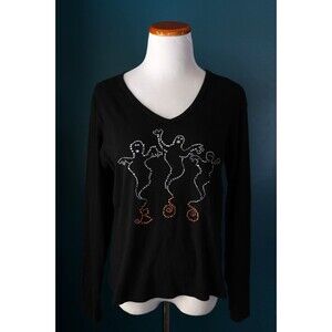 Vintage Fashion Bug Y2K Rhinestone Ghost Boo Spooky Halloween Long Sleeve XL